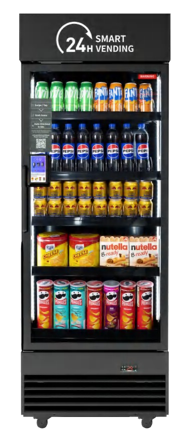 Standard single-door AI smart vending cooler stocked with beverages and snacks