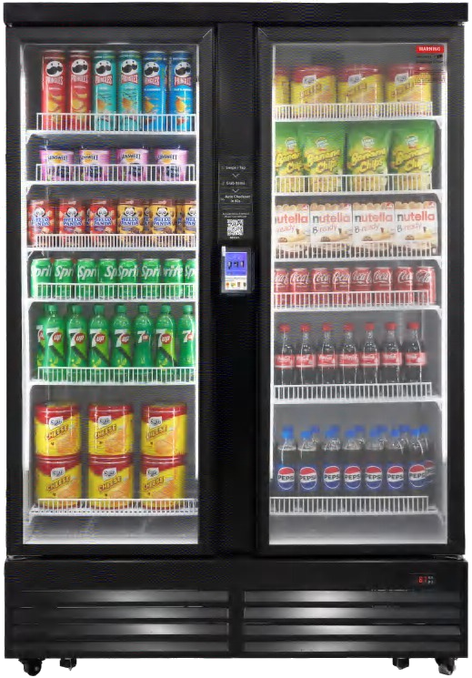 Ultra dual-door AI smart vending machine stocked with beverages and snacks